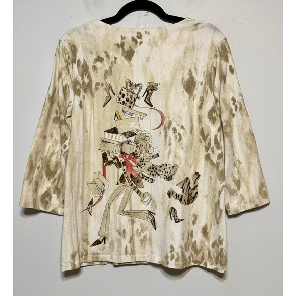 Chicos Size 2 Novelty Y2K Eclectic Top Womens Large Wearable Art Gallery Girl - Picture 2 of 6